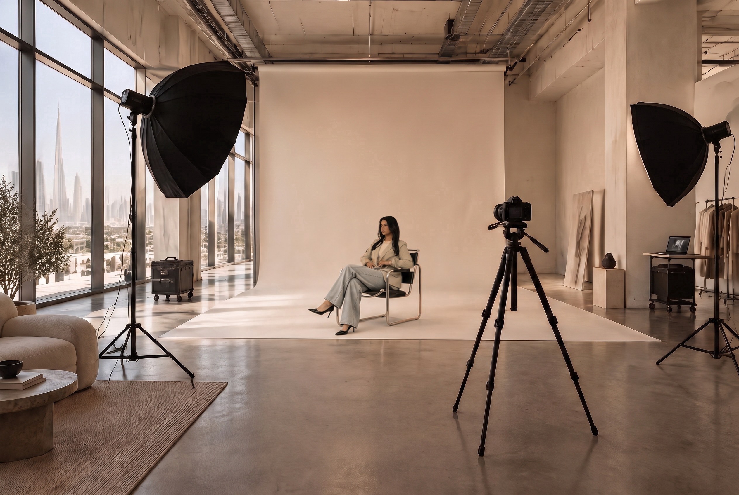 Editorial photography studio with a camera, lighting and fashion set in Dubai